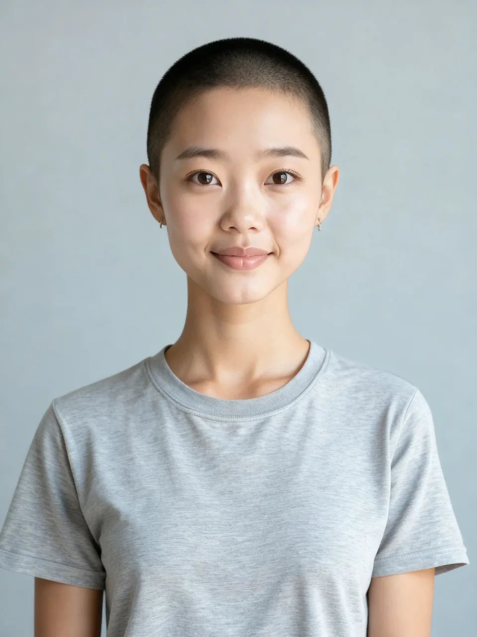 After: the same woman with a buzz cut, face and gray t-shirt unchanged.