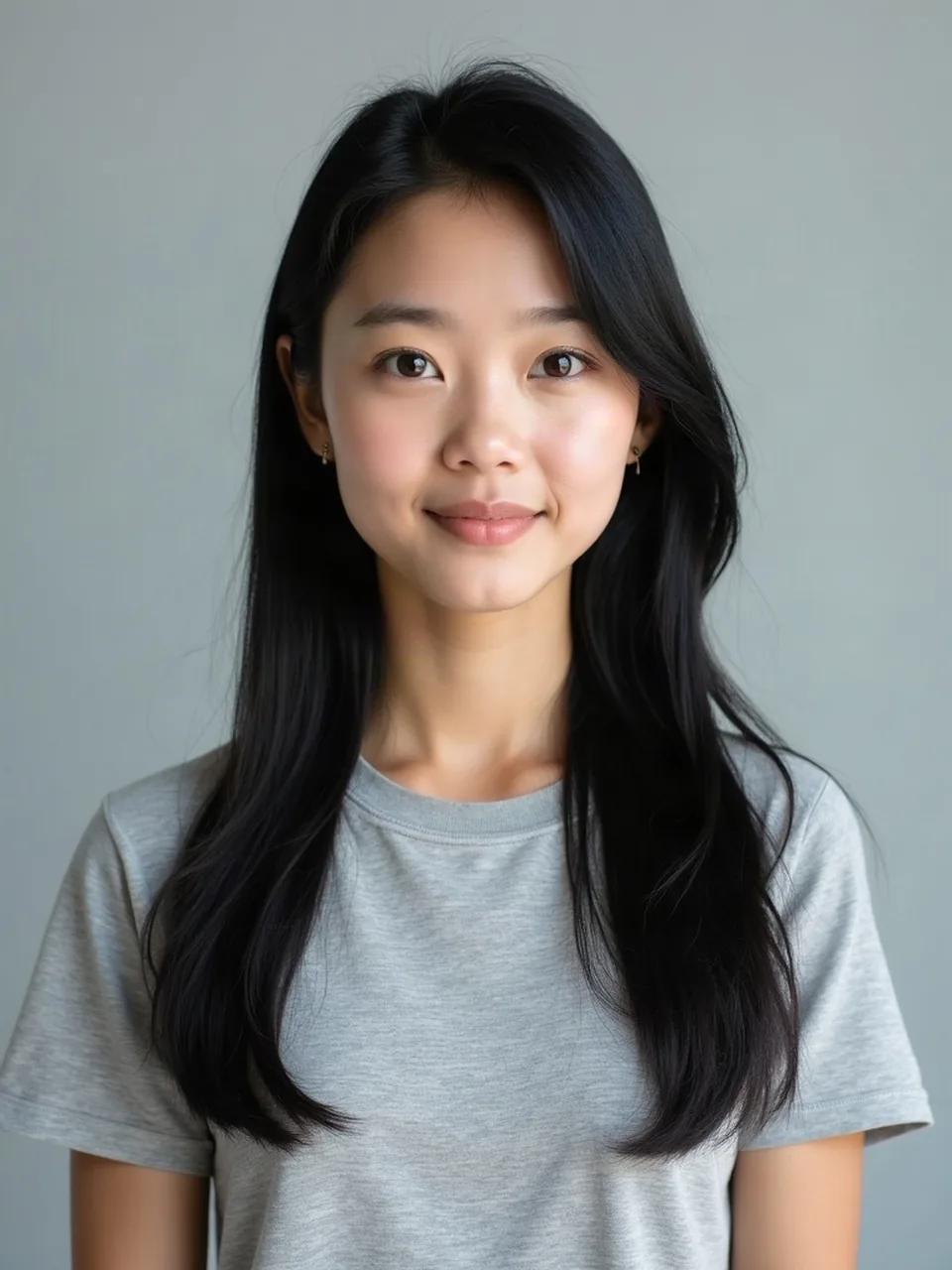 Before: an East Asian woman with long straight black hair and a gray t-shirt.